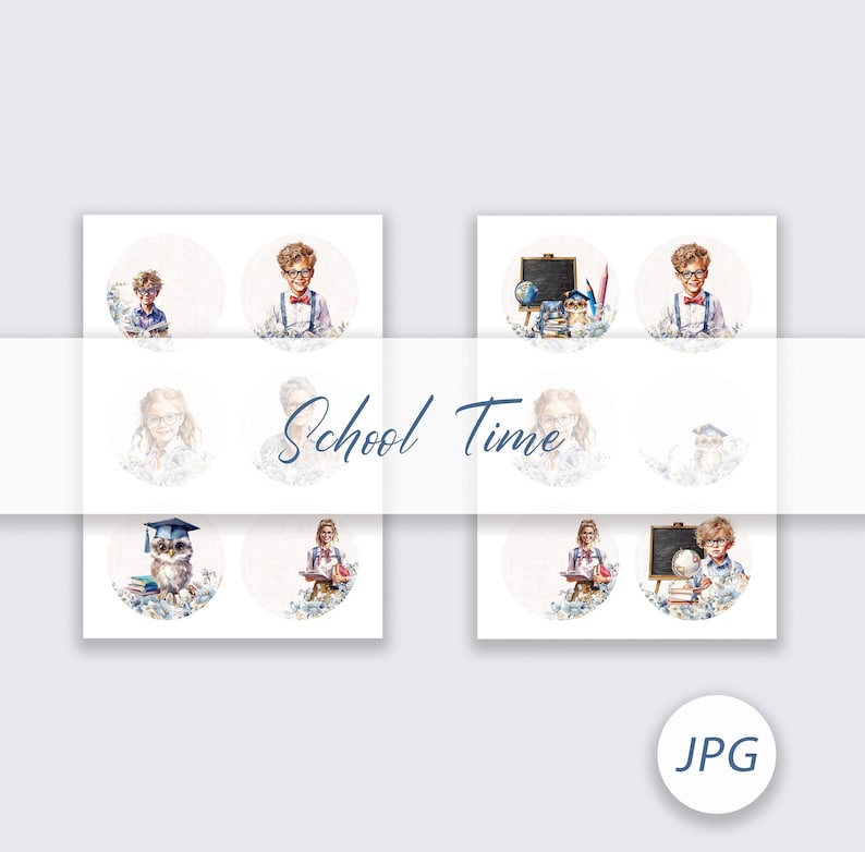 May include: Nine watercolor illustrations of children in school settings. The illustrations are in a circle shape with a white background. The text "School Time" is written in blue across the middle of the image.