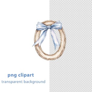 May include: Watercolor illustration of an oval-shaped, light brown frame with a light blue bow. The frame has a textured appearance. The text "png clipart transparent background" is at the bottom of the image.