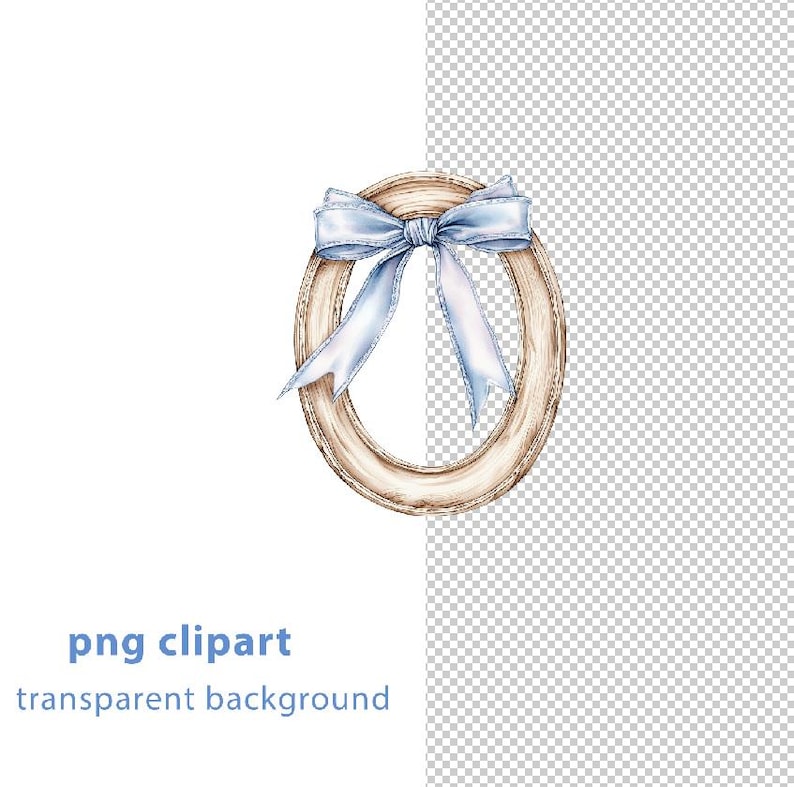 May include: Watercolor illustration of an oval-shaped, light brown frame with a light blue bow. The frame has a textured appearance. The text "png clipart transparent background" is at the bottom of the image.