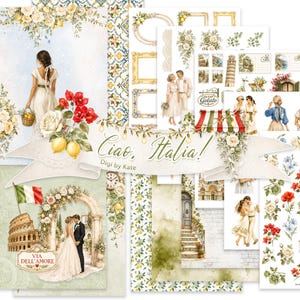 Könnte beinhalten: Ein digitales Scrapbooking-Set mit dem Titel Ciao, Italia! mit Aquarellillustrationen italienischer Wahrzeichen, Paaren in festlicher Kleidung, Zitronenzweigen, Blumenarrangements, verzierten Rahmen und architektonischen Elementen wie dem Kolosseum.