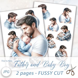 Father and Baby Boy Fussy Cut on A4 JPG Sheet, Newborn & Father Illustrations
