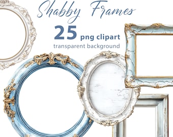 Shabby Frames 25 PNG Clipart, White and Blue Elements on Transparent Background