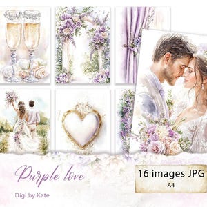 Set of 16 Pastel Purple A4 JPG Wedding Cards for Scrapbooking and Junk Journal