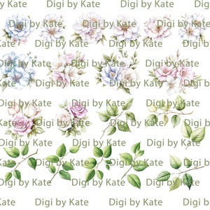 May include: Watercolor floral and foliage digital clip art. The image features various arrangements of flowers in shades of blue, pink, and white, along with green leafy branches. The text "Digi by Kate" is repeated throughout the image.