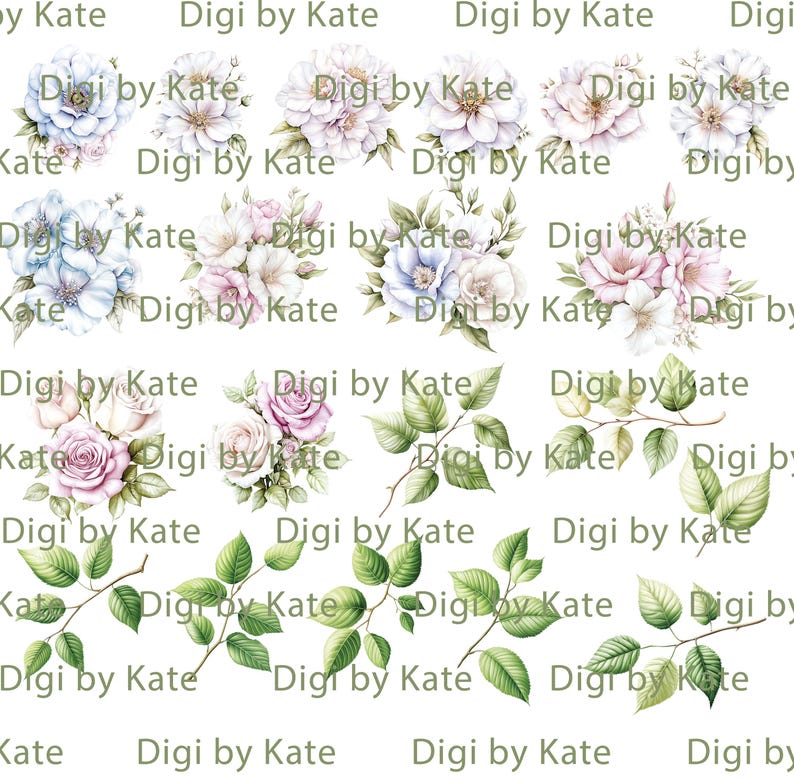 May include: Watercolor floral and foliage digital clip art. The image features various arrangements of flowers in shades of blue, pink, and white, along with green leafy branches. The text "Digi by Kate" is repeated throughout the image.