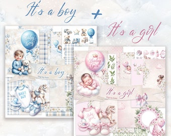 It's a Boy & It's a Girl is a Digital Paper Bundle for a Birth of a Baby Boy and Girl, Baby Shower or Gender Reveal Party