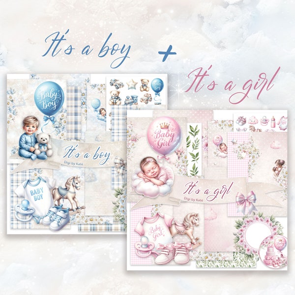 It's a Boy & It's a Girl is a Digital Paper Bundle for a Birth of a Baby Boy and Girl, Baby Shower or Gender Reveal Party