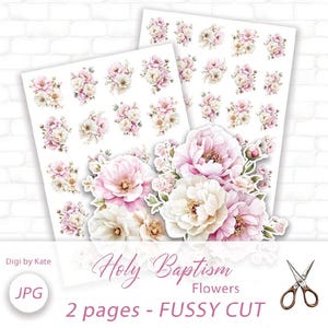 Peut inclure: Deux feuilles d'autocollants floraux avec des illustrations à l'aquarelle de pivoines roses et blanches et d'autres fleurs. Le texte "Holy Baptism Flowers" et "2 pages - FUSSY CUT" est visible.