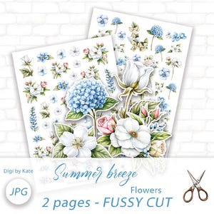 Op de afbeelding: Twee vellen bloemenstickers met aquarel illustraties van witte rozen, blauwe hortensia's en roze rozen. De tekst "Summer breeze" en "2 pages - FUSSY CUT" zijn zichtbaar. Een schaar staat in de rechter benedenhoek.