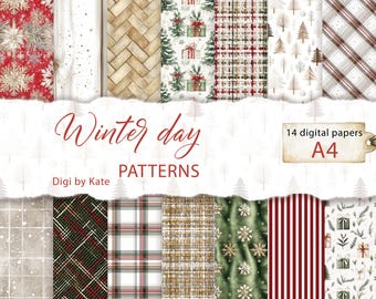 Winter Red and Green Patterns on 14 A4 Pages for Scrapbooking and Junk Journal