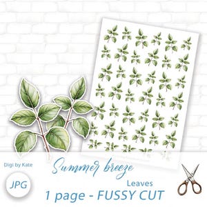 Könnte beinhalten: Ein Bogen mit grünen Blattaufklebern mit Aquarelleffekt, neben einem größeren Blattzweigaufkleber. Der Text "Summer breeze" und "Leaves" ist kursiv geschrieben. Das Bild enthält auch den Text "1 page - FUSSY CUT".
