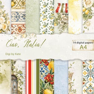May include: A collection of 14 digital papers in A4 size titled Ciao, Italia! by Digi by Kate. The designs feature watercolour illustrations of yellow lemons, white roses, green foliage, red and white striped awnings, and blue tile patterns.