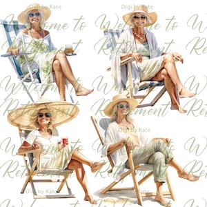May include: Four watercolor illustrations of a woman in a straw hat and sunglasses sitting in a beach chair. The woman is wearing a white shirt and khaki pants. The chairs are wooden and have a striped fabric seat. The background is white.