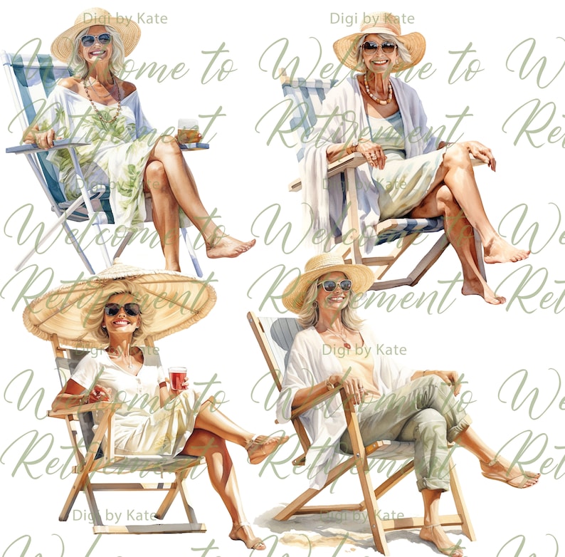 May include: Four watercolor illustrations of a woman in a straw hat and sunglasses sitting in a beach chair. The woman is wearing a white shirt and khaki pants. The chairs are wooden and have a striped fabric seat. The background is white.