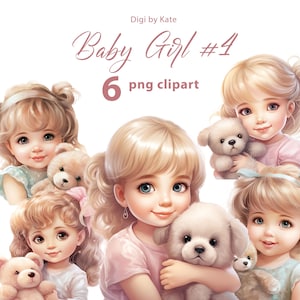 Ensemble de 6 cliparts PNG petite fille n°4 aux cheveux blonds, illustration de petite fille douce avec ours en peluche sur fond transparent