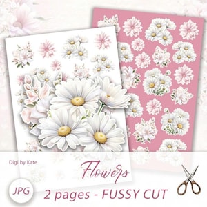 Fussy Schnitt auf 2 A4 JPG Seite mit Blumen Gänseblümchen Elementen zum Drucken und Schneiden in Rosa und Weiß mit Kontur