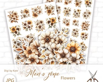 Brown & Beige Flowers Fussy Cut on 2 A4 JPG Pages for Journals and Scrapbooks, Junk Journal Print and Cut Elements
