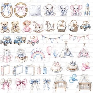 May include: Watercolor illustrations of baby-themed items, including teddy bears, rocking horses, cars, gift boxes, a rainbow, balloons, teepees, cakes, and cribs. The color palette is soft, with pinks, blues, and creams.