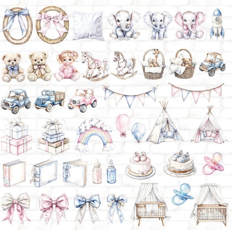 May include: Watercolor illustrations of baby-themed items, including teddy bears, rocking horses, cars, gift boxes, a rainbow, balloons, teepees, cakes, and cribs. The color palette is soft, with pinks, blues, and creams.
