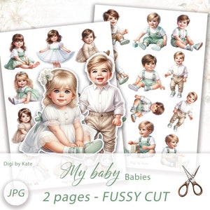 Baby's kieskeurig gesneden op 2 A4 JPG-blad, lieve babyjongen en babymeisje illustraties