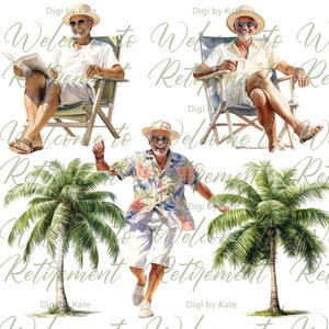 May include: A watercolor illustration of a man in three different poses. The man is wearing a white shirt, white shorts, and a straw hat. He is smiling and holding a cup of coffee. In the first pose, he is sitting in a beach chair and reading a book. In the second pose, he is sitting in a beach chair and holding a cup of coffee. In the third pose, he is running and holding a cup of coffee. The background is a white background with palm trees.