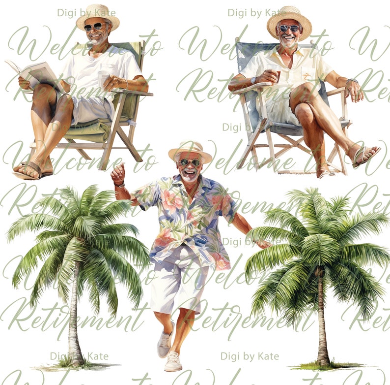 May include: A watercolor illustration of a man in three different poses. The man is wearing a white shirt, white shorts, and a straw hat. He is smiling and holding a cup of coffee. In the first pose, he is sitting in a beach chair and reading a book. In the second pose, he is sitting in a beach chair and holding a cup of coffee. In the third pose, he is running and holding a cup of coffee. The background is a white background with palm trees.