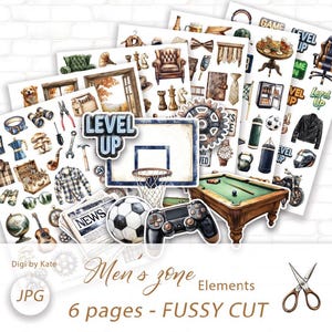 Op de afbeelding: Een verzameling aquarel papieren uitsparingen met verschillende mannelijke thema's. Bevat een basketbalring, voetbal, gamecontroller, pooltafel en de teksten "Level Up" en "Men's Zone Elements".