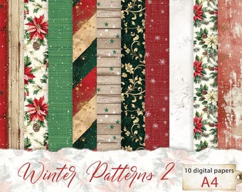 Winter Red and Green Patterns on 10 A4 JPG Pages, Backgrounds for Scrapbook and Junk Journal