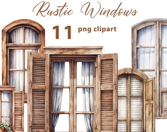 Set di clipart PNG per Windows 11 rustico, clipart per Windows rustico, acquerello per vecchie finestre in legno, illustrazioni PNG per Windows, sfondo trasparente