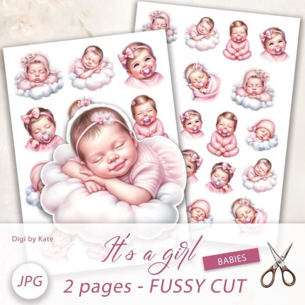 It's a Girl Fussy Cut on A4 JPG Sheet, Sweet Baby Girl Illustrations