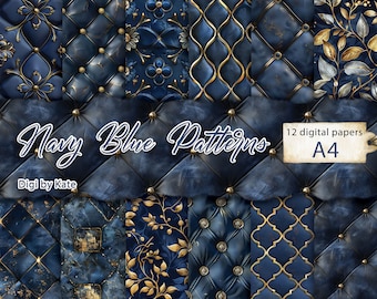 Navy Blue and Gold Patterns - Set of 12 A4 JPG Elegant Scrapbook Pages