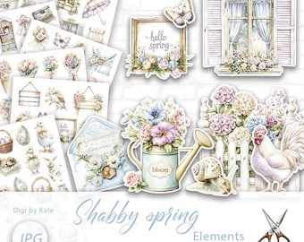 Shabby Spring Fussy Cut on 7 A4 JPG Sheets, Pastel Blue and Pastel Pink Images for Junk Journal and Scrapbooking