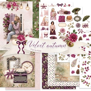 Puede incluir: Un kit de scrapbooking digital titulado Velvet autumn de Digi by Kate, que incluye ilustraciones de una persona con cárdigan, una máquina de escribir, un reloj, sobres, paraguas, hojas de otoño, piñas, flores y fondos con patrones.