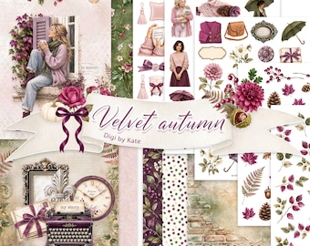 Może przedstawiać: Cyfrowy zestaw do scrapbookingu zatytułowany Velvet autumn od Digi by Kate, zawierający ilustracje osoby w kardiganie, maszyny do pisania, zegara, kopert, parasoli, jesiennych liści, szyszek, kwiatów oraz wzorzystych teł.