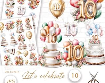 Let's celebrate 10 Fussy Cut on 2 A4 JPG Pages for Journals and Scrapbooks, Print and Cut Balloons and Cakes