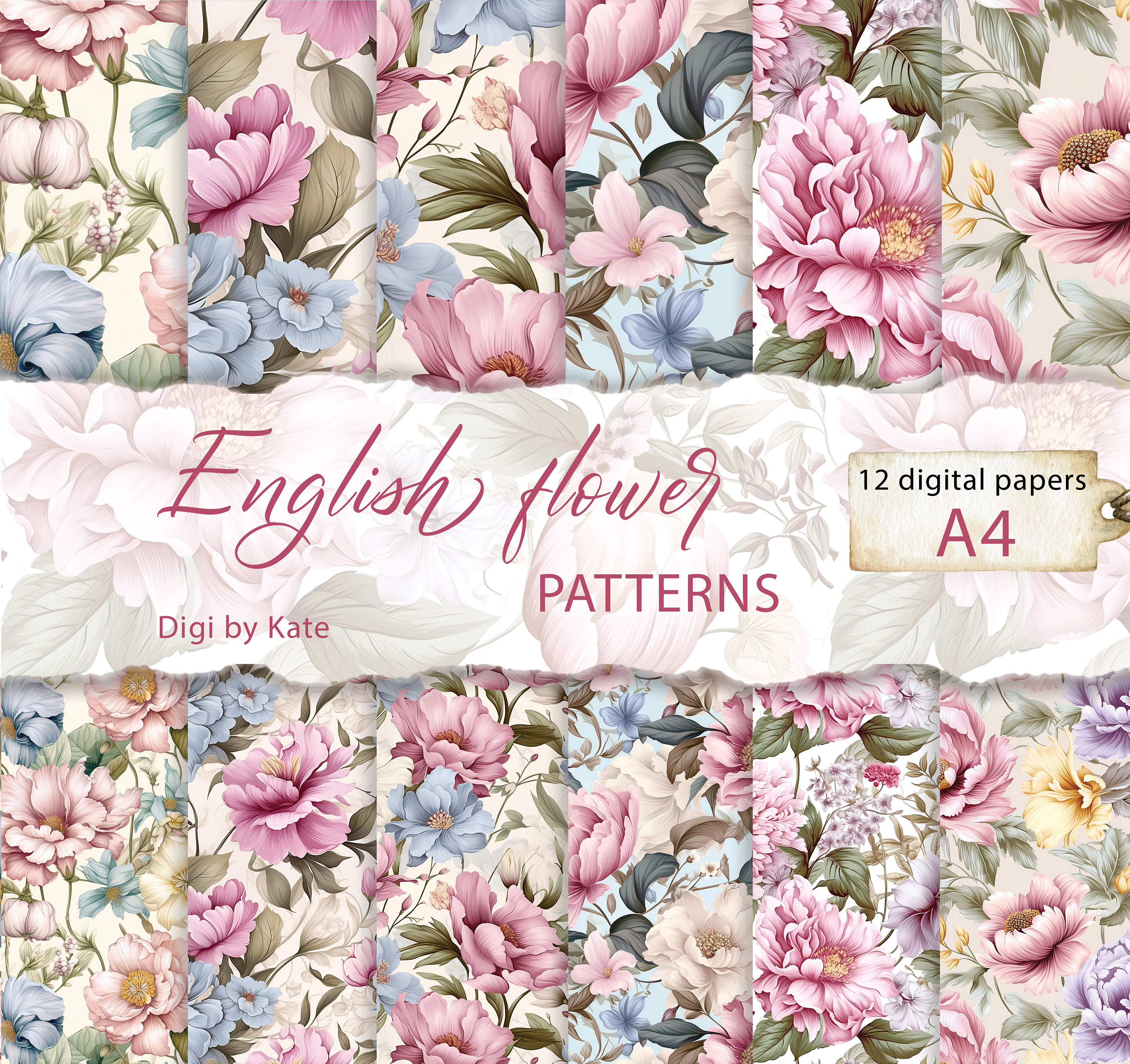 Flower Pattern デザペ A4 4種各20枚 English Flower Patterns IV on 12 A4 JPG Pages, Floral Shabby Chic