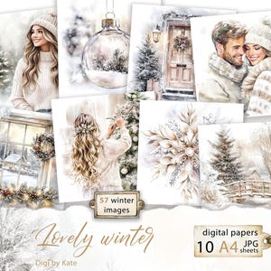 57 Imagens de inverno em 10 folhas A4 JPG, cartões de diário de Natal, itens de diário