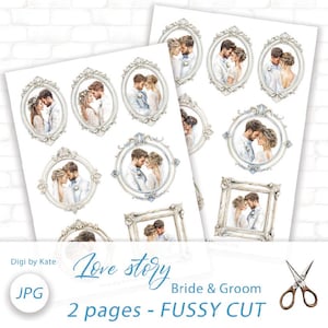 Peut inclure: Deux feuilles de papier avec des illustrations à l'aquarelle d'un couple de mariés dans des cadres ornés. Le texte "Love Story" et "Bride & Groom" sont visibles. Les feuilles sont étiquetées "2 pages - FUSSY CUT".