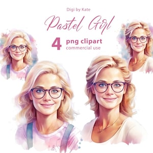 Pastell Mädchen 4 PNG Clipart Set, junge Frauen Aquarell Illustrationen auf transparentem Hintergrund