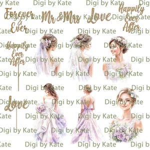 K&ouml;nnte beinhalten: Eine Sammlung von Grafiken zum Thema Hochzeit. Enth&auml;lt goldglitzernde Textphrasen wie "Forever & Ever", "Mr & Mrs", "Love" und "Happily Ever After". Enth&auml;lt auch Illustrationen von Br&auml;uten in verschiedenen Kleidern und Blumenarrangements.