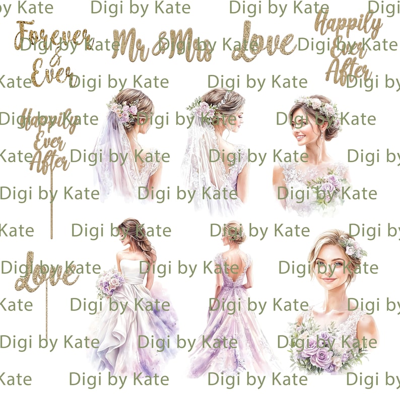 K&ouml;nnte beinhalten: Eine Sammlung von Grafiken zum Thema Hochzeit. Enth&auml;lt goldglitzernde Textphrasen wie "Forever & Ever", "Mr & Mrs", "Love" und "Happily Ever After". Enth&auml;lt auch Illustrationen von Br&auml;uten in verschiedenen Kleidern und Blumenarrangements.
