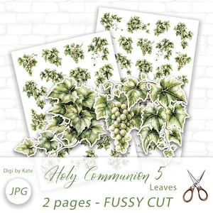 Può includere: Due fogli di carta con illustrazioni ad acquerello di grappoli d'uva verde e foglie. Il testo "Holy Communion 5 Leaves" e "2 pages - FUSSY CUT" è visibile. Un paio di forbici si trova nell'angolo in basso a destra.
