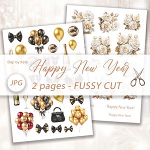Happy New Year Fussy Cut auf 2 A4 JPG Seiten mit Neujahr Elementen und Weissgold Rosen