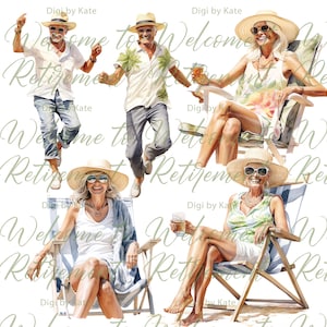 May include: Four watercolor illustrations of people enjoying retirement. Two men and two women are depicted in various poses, including one man jumping in the air, one woman sitting in a beach chair, and one man and one woman holding a glass of beverage. The illustrations are set against a white background.
