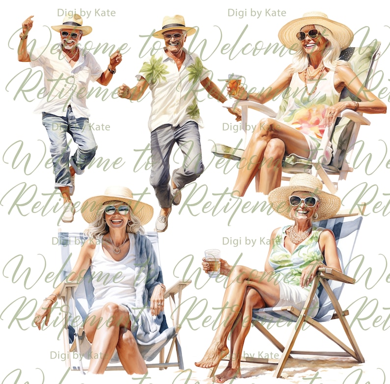 May include: Four watercolor illustrations of people enjoying retirement. Two men and two women are depicted in various poses, including one man jumping in the air, one woman sitting in a beach chair, and one man and one woman holding a glass of beverage. The illustrations are set against a white background.
