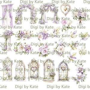 K&ouml;nnte beinhalten: Aquarellillustrationen mit Blumenarrangements, B&ouml;gen und dekorativen Elementen in Lila, Wei&szlig; und Gr&uuml;n. Der Text "Digi by Kate" ist wiederholt im Bild zu sehen.