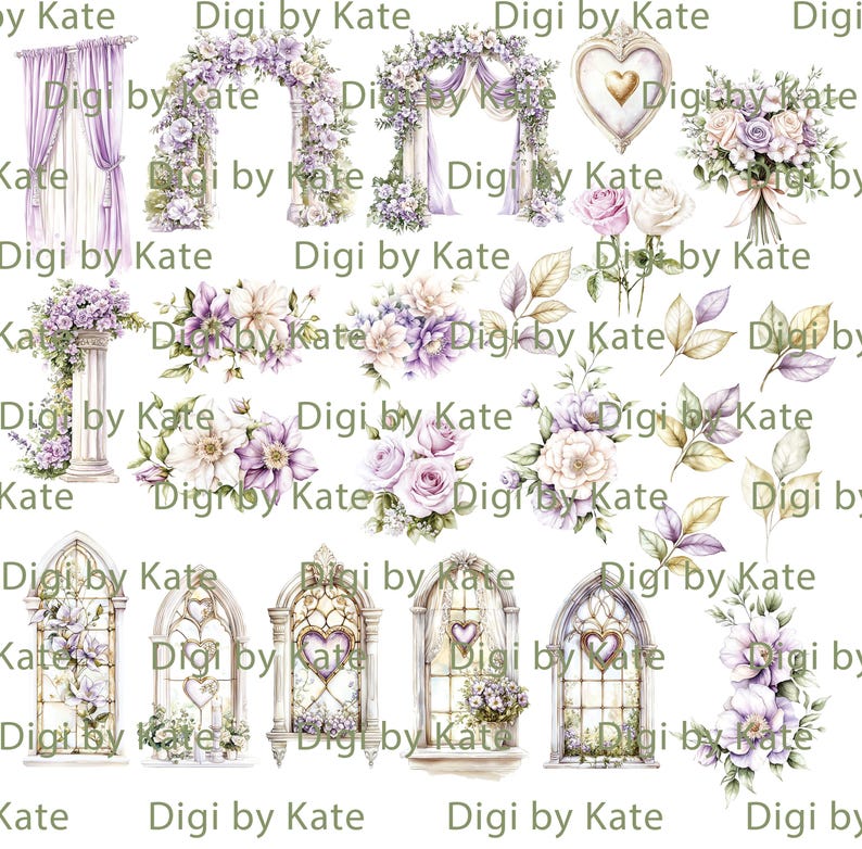 K&ouml;nnte beinhalten: Aquarellillustrationen mit Blumenarrangements, B&ouml;gen und dekorativen Elementen in Lila, Wei&szlig; und Gr&uuml;n. Der Text "Digi by Kate" ist wiederholt im Bild zu sehen.