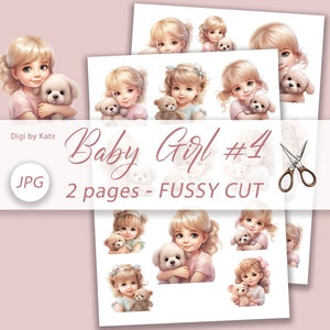 Baby Girl #4 Fussy Schnitt auf A4 JPG Bogen, süßes kleines blondes Mädchen mit Teddy Bär Illustration