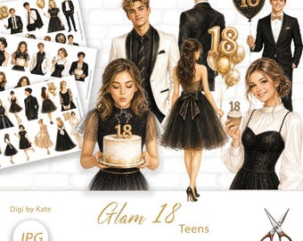 18歳の誕生日ジャーナリングとスクラップブック用の、A4サイズのJPGページ3枚に切り抜かれたティーンエイジャーのイラスト