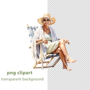 May include: A woman wearing a straw hat and sunglasses sits in a striped beach chair. She is wearing a white cardigan and a light green dress.